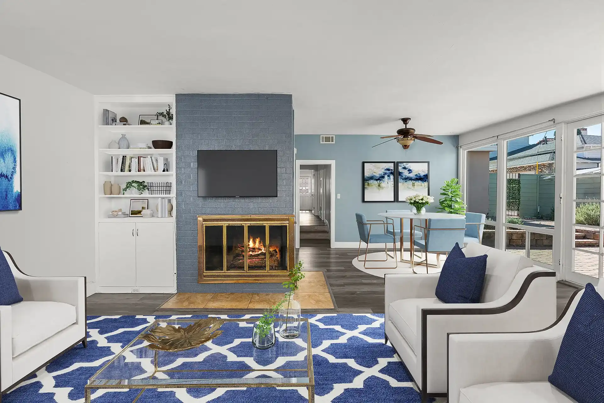 Modern virtually staged living room with luxury furniture and decor